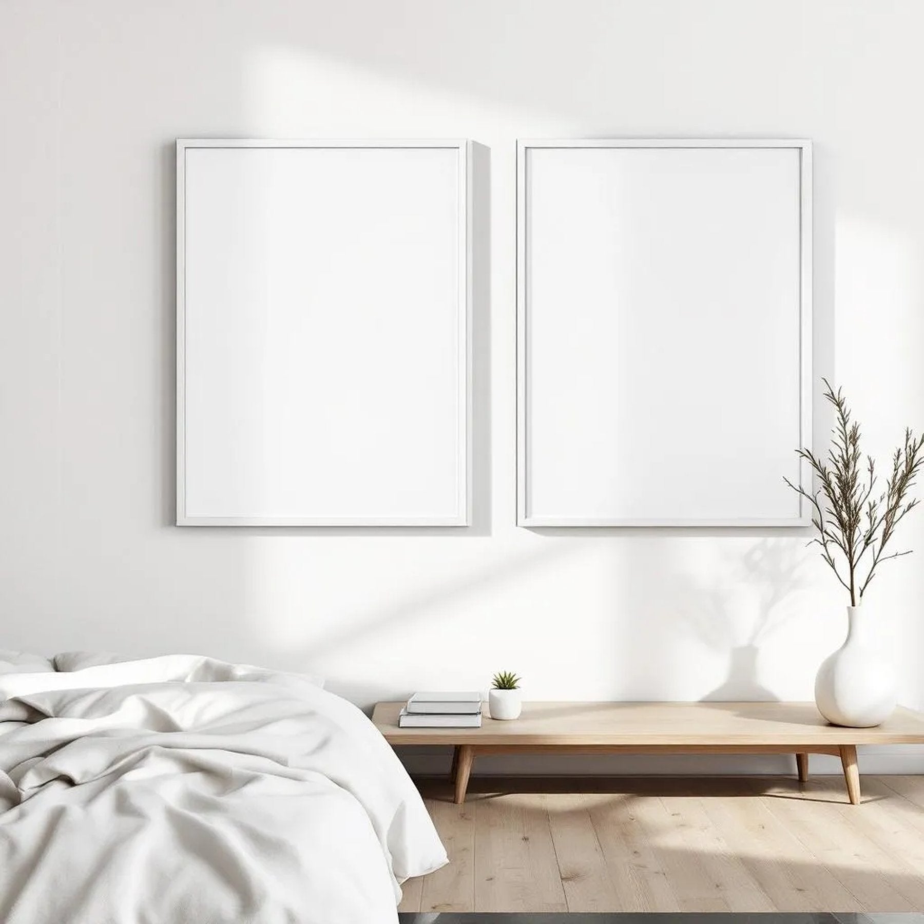 White Bedroom Editorial Room Mockup — Plain Square Frame Square 1:1 — Perspective View — #03568 | MockupBulk