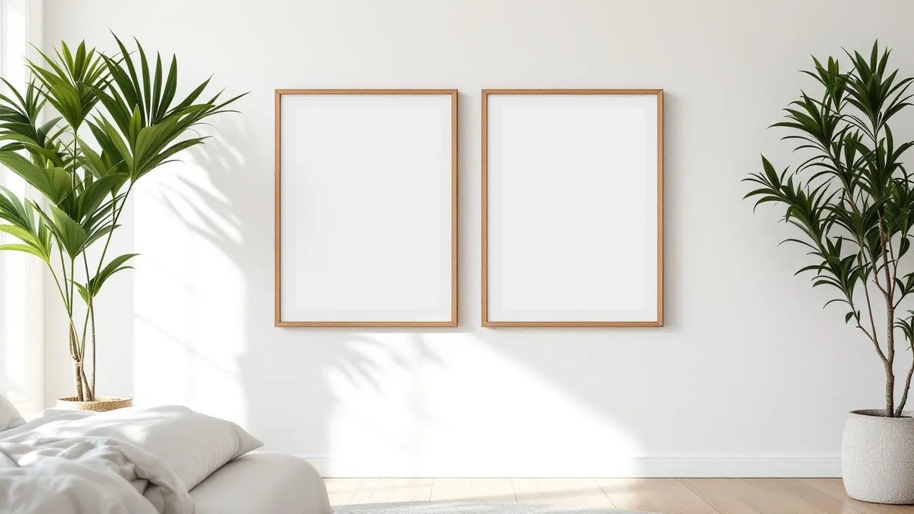 White Bedroom High-Res Frame Mockup — Natural Oak Frame Square 1:1 — Perspective View — #03572 | MockupBulk