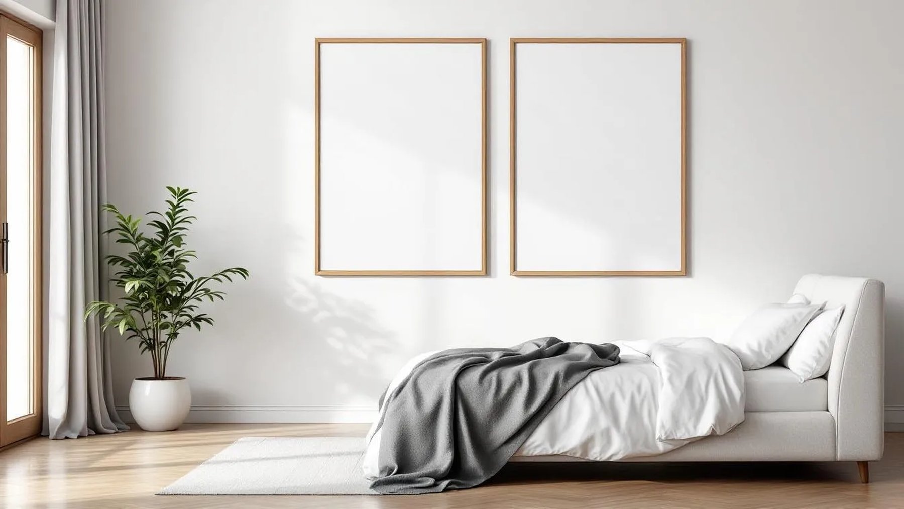 White Bedroom Editorial Room Mockup — Natural Oak Frame Square 1:1 — Perspective View — #03575 | MockupBulk