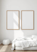 White Bedroom Styled Room Mockup — Natural Oak Frame Portrait 2:3 — Perspective View — #03576 | MockupBulk