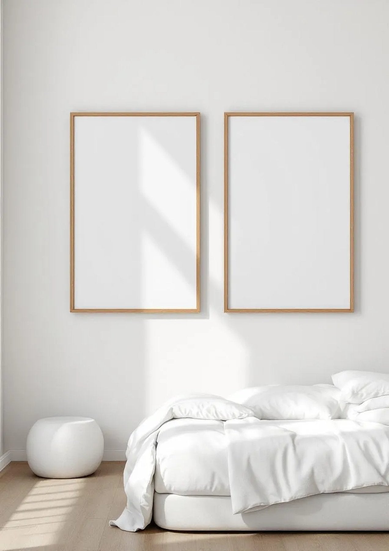 White Bedroom Styled Room Mockup — Natural Oak Frame Portrait 2:3 — Perspective View — #03576 | MockupBulk