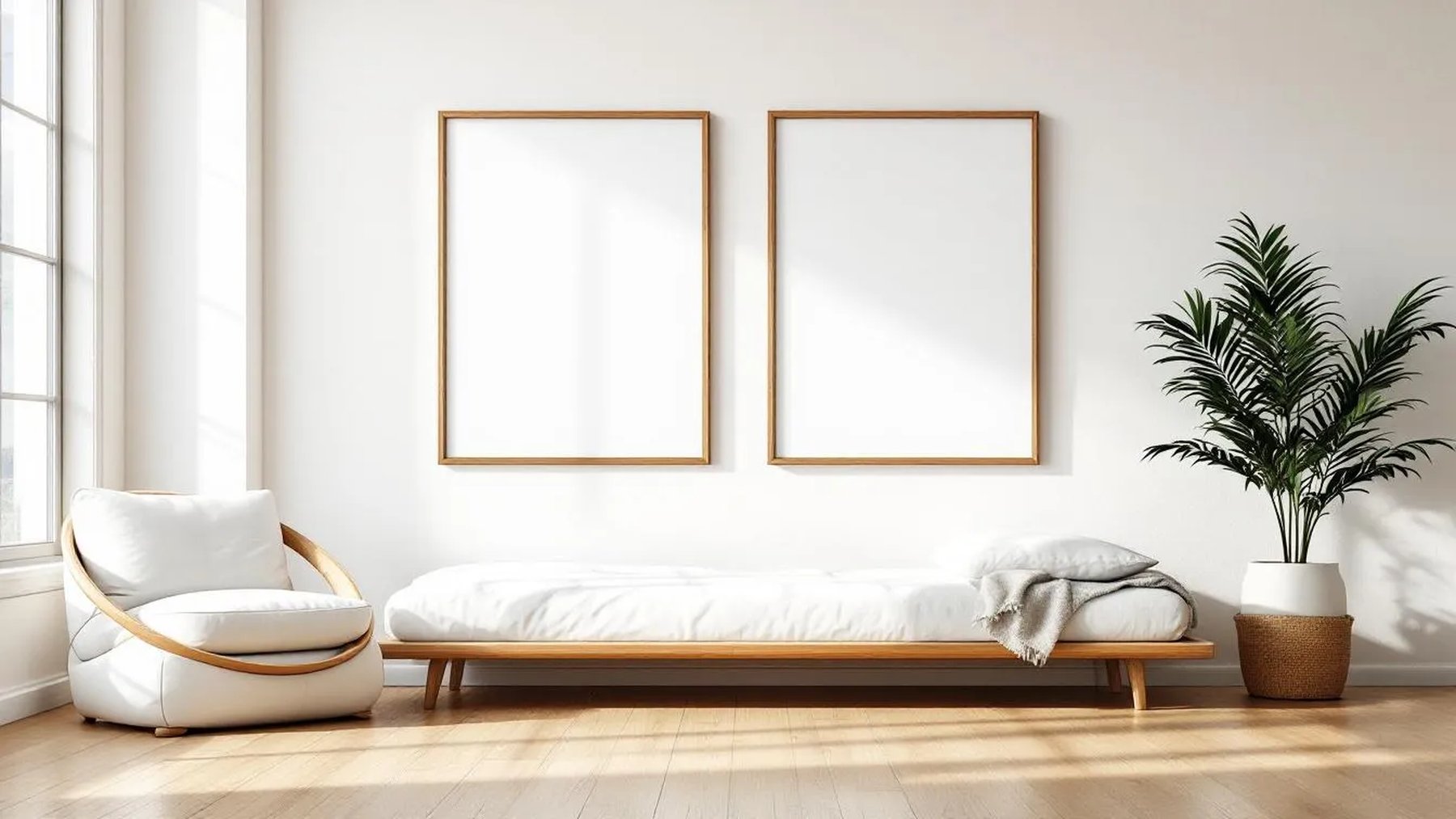 White Bedroom Premium Interior Mockup — Natural Oak Frame Square 1:1 — Perspective View — #03578 | MockupBulk