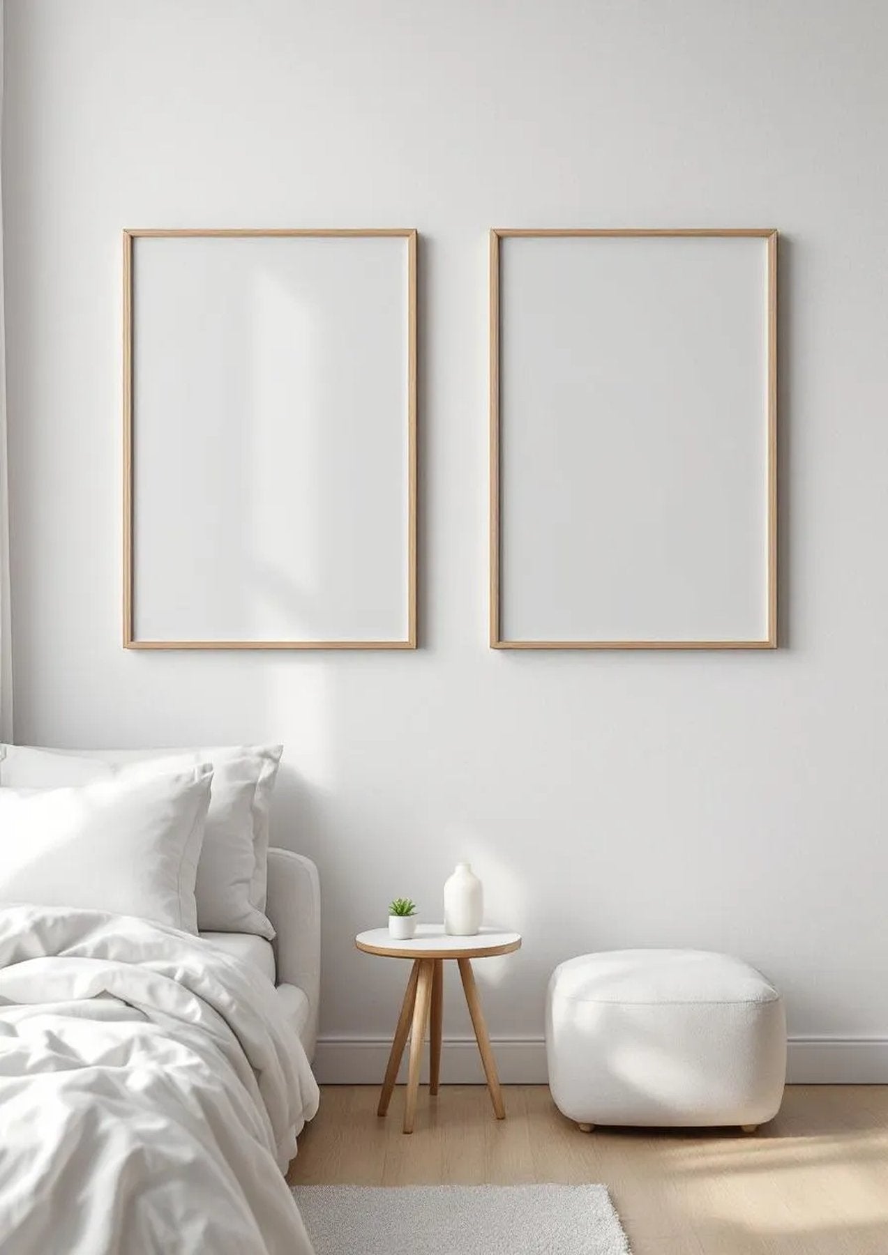 White Bedroom Editorial Room Mockup — Natural Oak Frame Portrait 2:3 — Perspective View — #03579 | MockupBulk