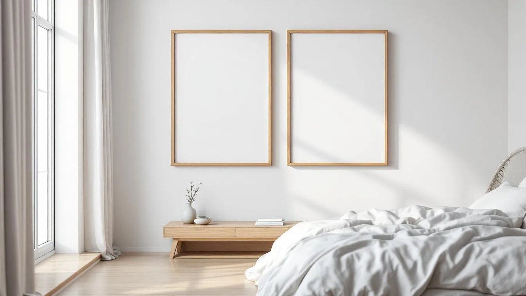 White Bedroom Lifestyle Frame Mockup — Natural Oak Frame Square 1:1 — Perspective View — #03581 | MockupBulk