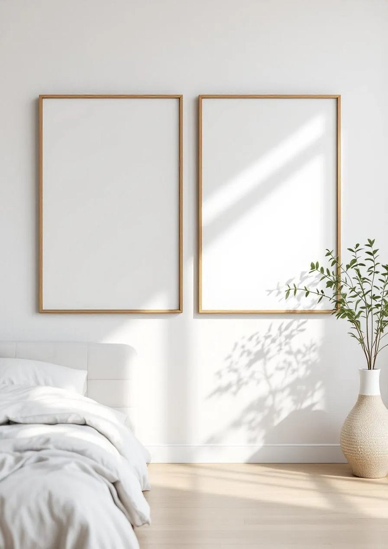 White Bedroom Room Scene Mockup — Natural Oak Frame A-Series (A4 / A3) — Perspective View — #03582 | MockupBulk
