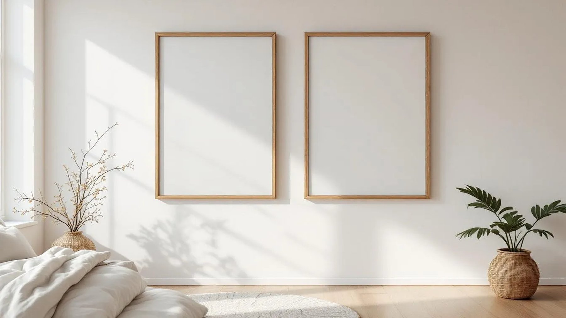 White Bedroom Lifestyle Frame Mockup — Natural Oak Frame Portrait 4:5 — Perspective View — #03584 | MockupBulk