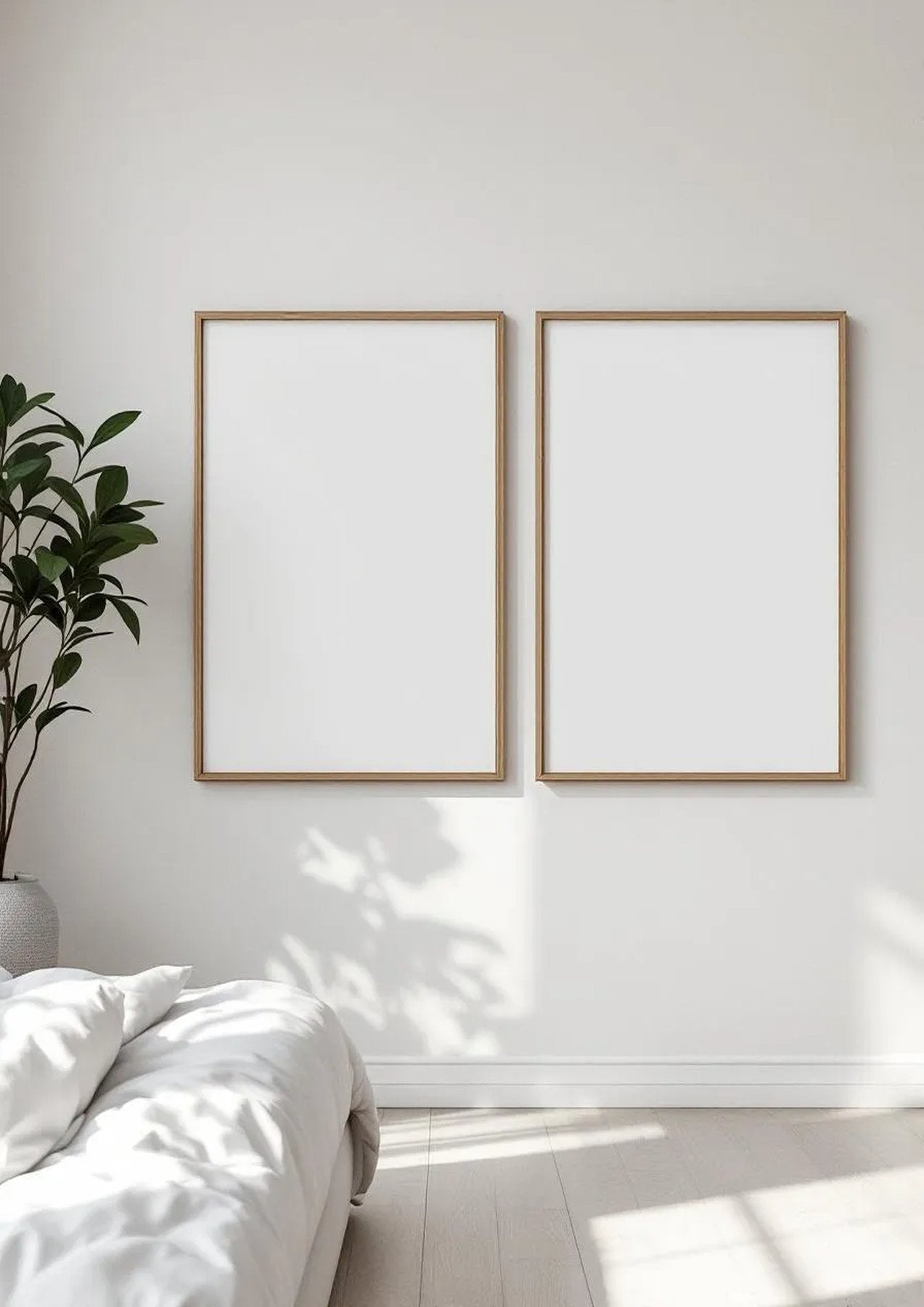 White Bedroom Lifestyle Frame Mockup — Natural Oak Frame Portrait 2:3 — Perspective View — #03585 | MockupBulk