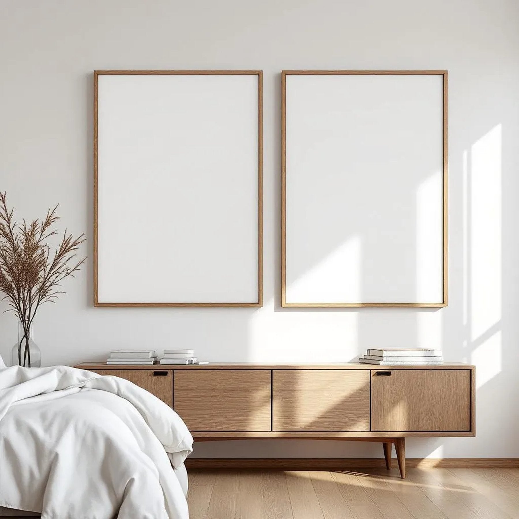 White Bedroom Frame Display Mockup — Plain Square Frame Square 1:1 — Perspective View — #03586 | MockupBulk
