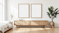 White Bedroom Interior Frame Mockup — Natural Oak Frame Square 1:1 — Perspective View — #03587 | MockupBulk