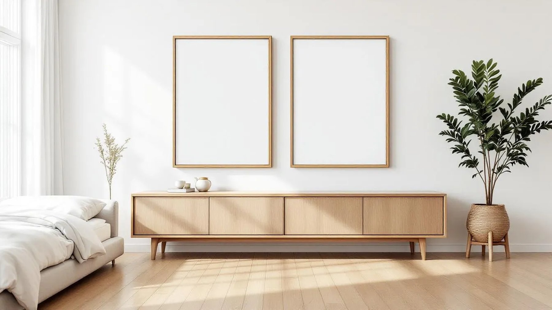 White Bedroom Interior Frame Mockup — Natural Oak Frame Square 1:1 — Perspective View — #03587 | MockupBulk