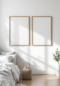 White Bedroom Premium Interior Mockup — Natural Oak Frame Portrait 2:3 — Perspective View — #03588 | MockupBulk