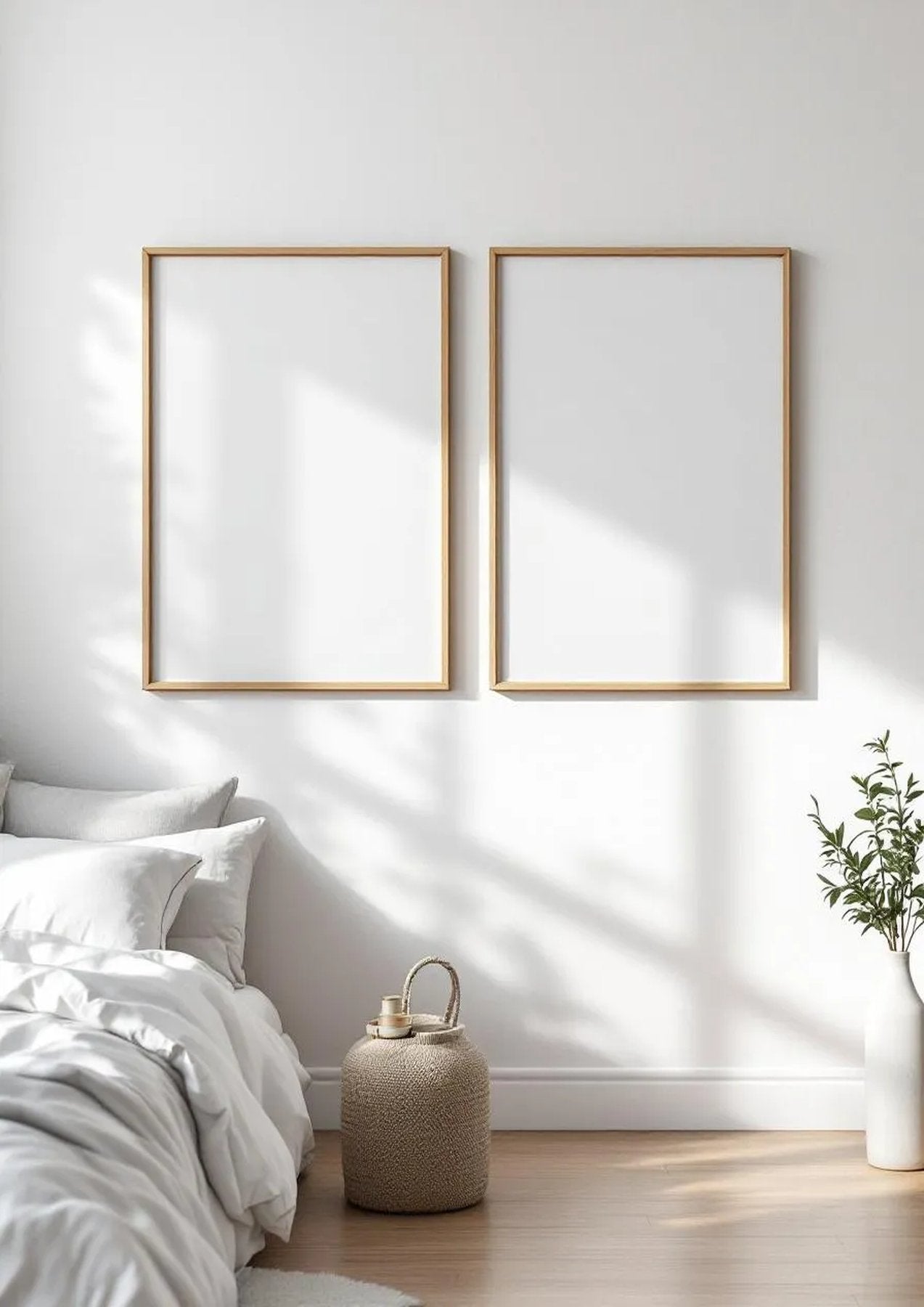 White Bedroom Premium Interior Mockup — Natural Oak Frame Portrait 2:3 — Perspective View — #03588 | MockupBulk