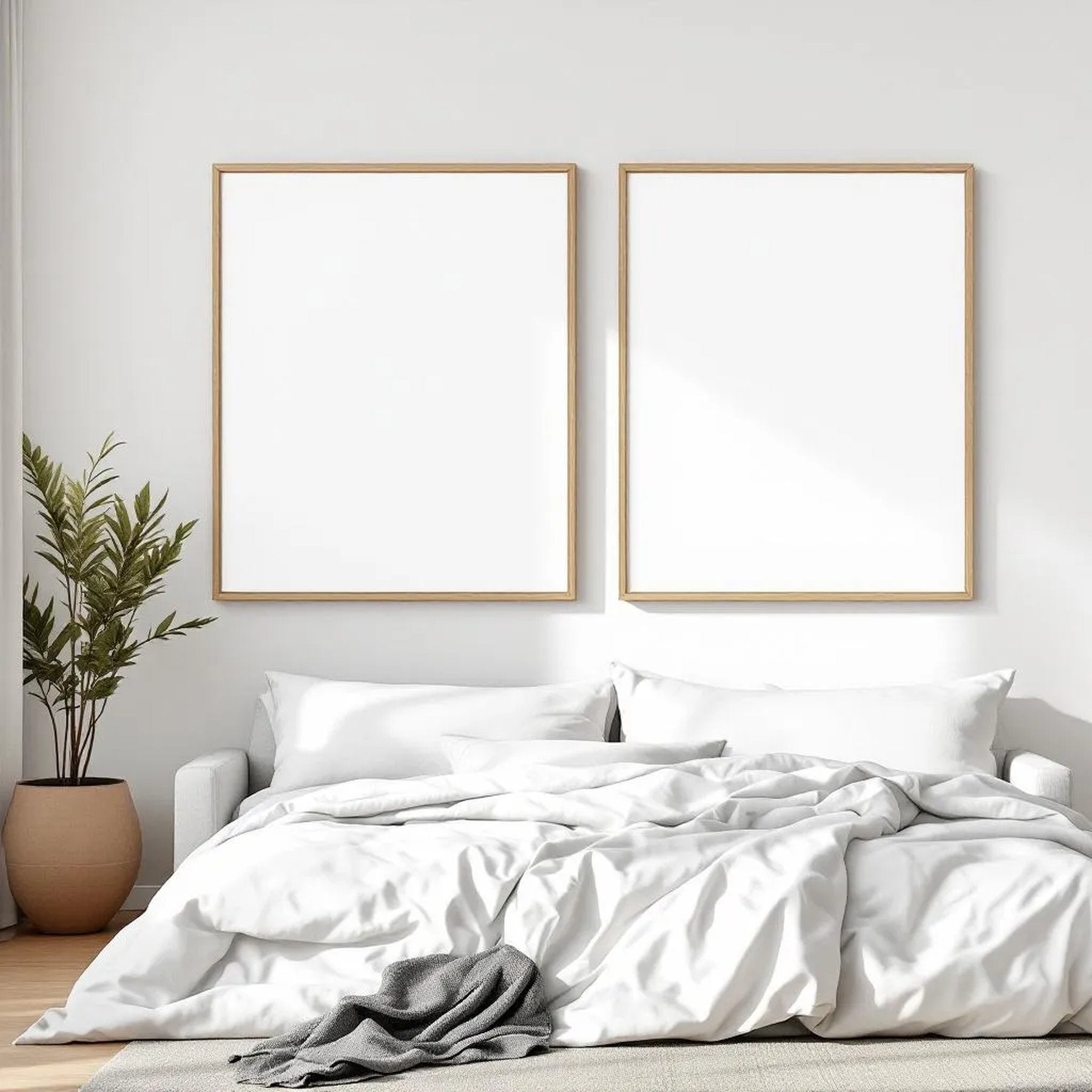 White Bedroom Interior Frame Mockup — Plain Square Frame Square 1:1 — Perspective View — #03589 | MockupBulk