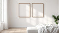 White Bedroom Wall Art Mockup — Natural Oak Frame Square 1:1 — Perspective View — #03590 | MockupBulk