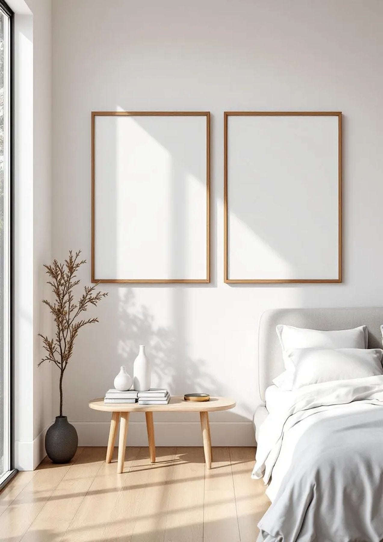 White Bedroom Room Scene Mockup — Natural Oak Frame Portrait 2:3 — Perspective View — #03591 | MockupBulk