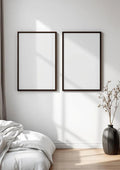 White Bedroom Editorial Room Mockup — Walnut Frame A-Series (A4 / A3) — Perspective View — #03594 | MockupBulk