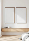 White Bedroom Professional Frame Mockup — Walnut Frame Portrait 2:3 — Perspective View — #03597 | MockupBulk