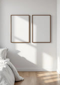 White Bedroom Lifestyle Frame Mockup — Walnut Frame Portrait 2:3 — Perspective View — #03600 | MockupBulk