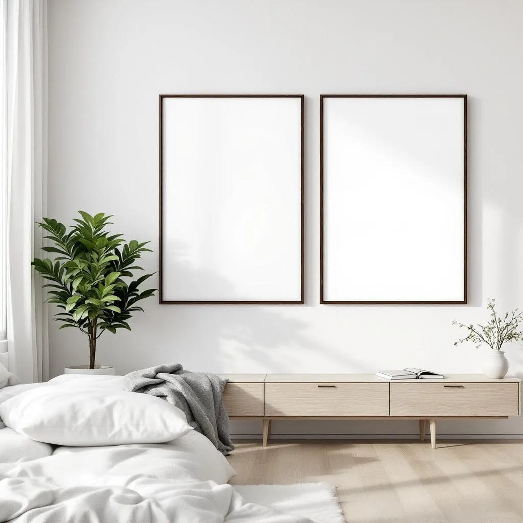 White Bedroom Lifestyle Frame Mockup — Plain Square Frame Square 1:1 — Perspective View — #03607 | MockupBulk