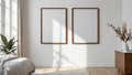 White Bedroom Wall Art Mockup — Walnut Frame Portrait 2:3 — Perspective View — #03608 | MockupBulk