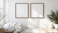 White Bedroom Editorial Room Mockup — Walnut Frame Square 1:1 — Perspective View — #03611 | MockupBulk