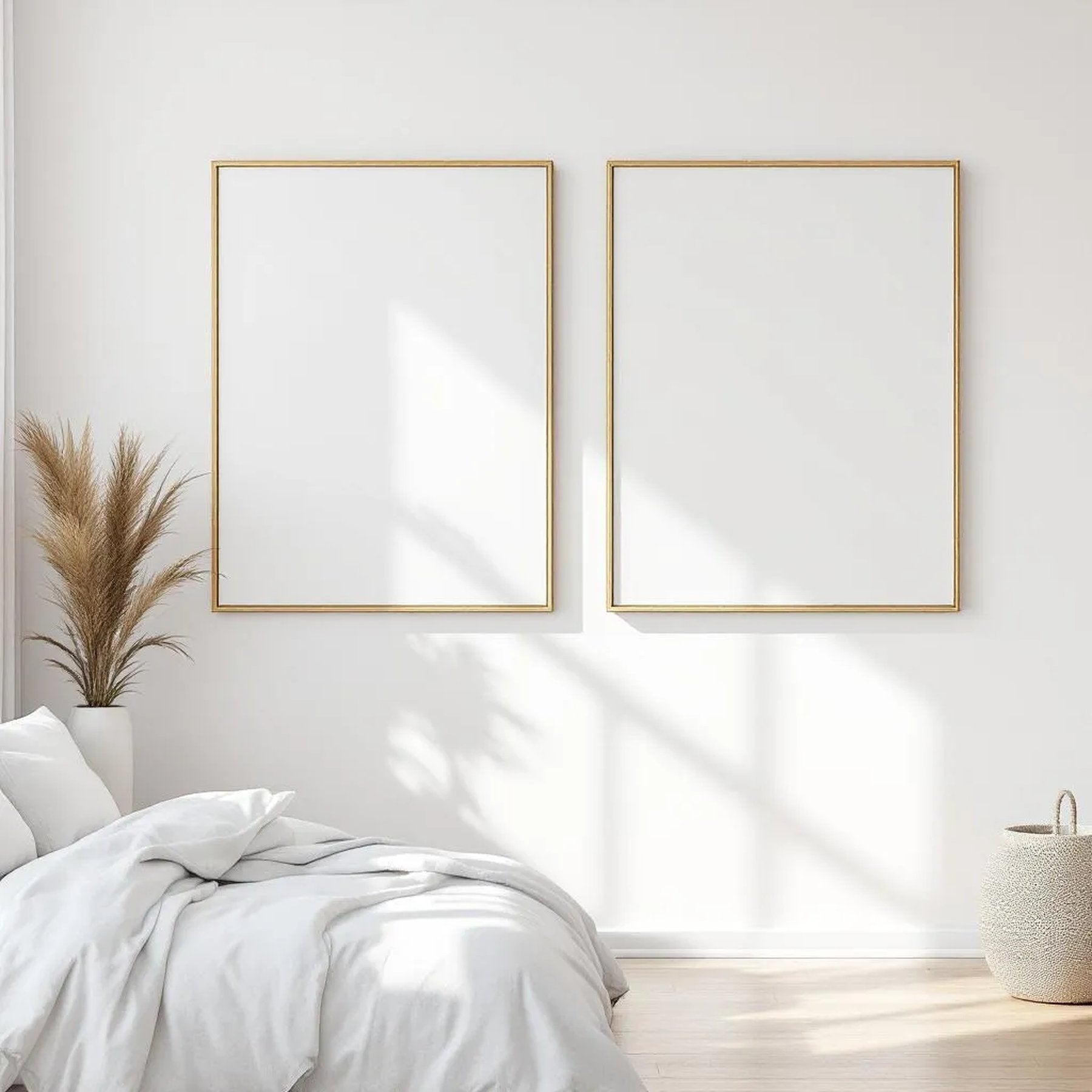 White Bedroom Editorial Room Mockup — Plain Square Frame Square 1:1 — Perspective View — #03616 | MockupBulk