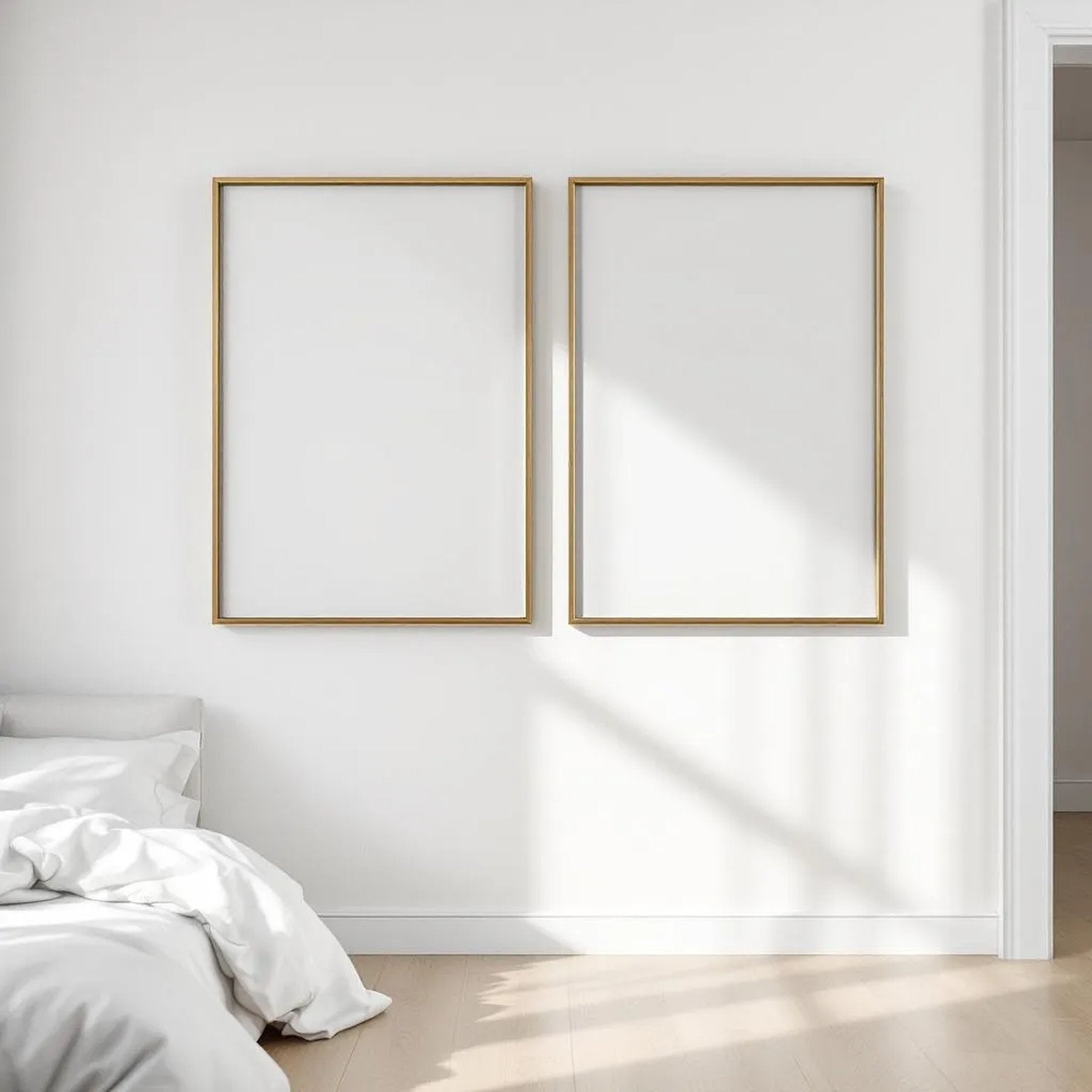 White Bedroom Editorial Room Mockup — Plain Square Frame Square 1:1 — Perspective View — #03619 | MockupBulk