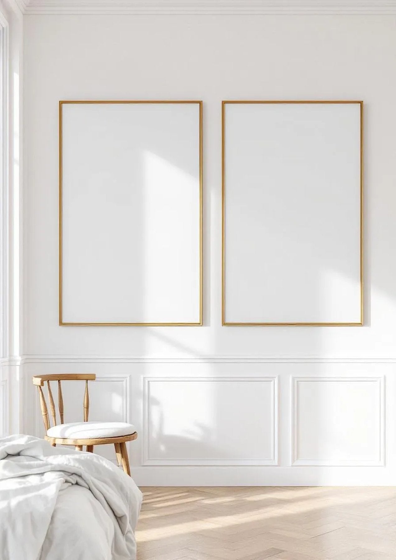 White Bedroom Editorial Room Mockup — Gold Frame Portrait 4:5 — Perspective View — #03621 | MockupBulk