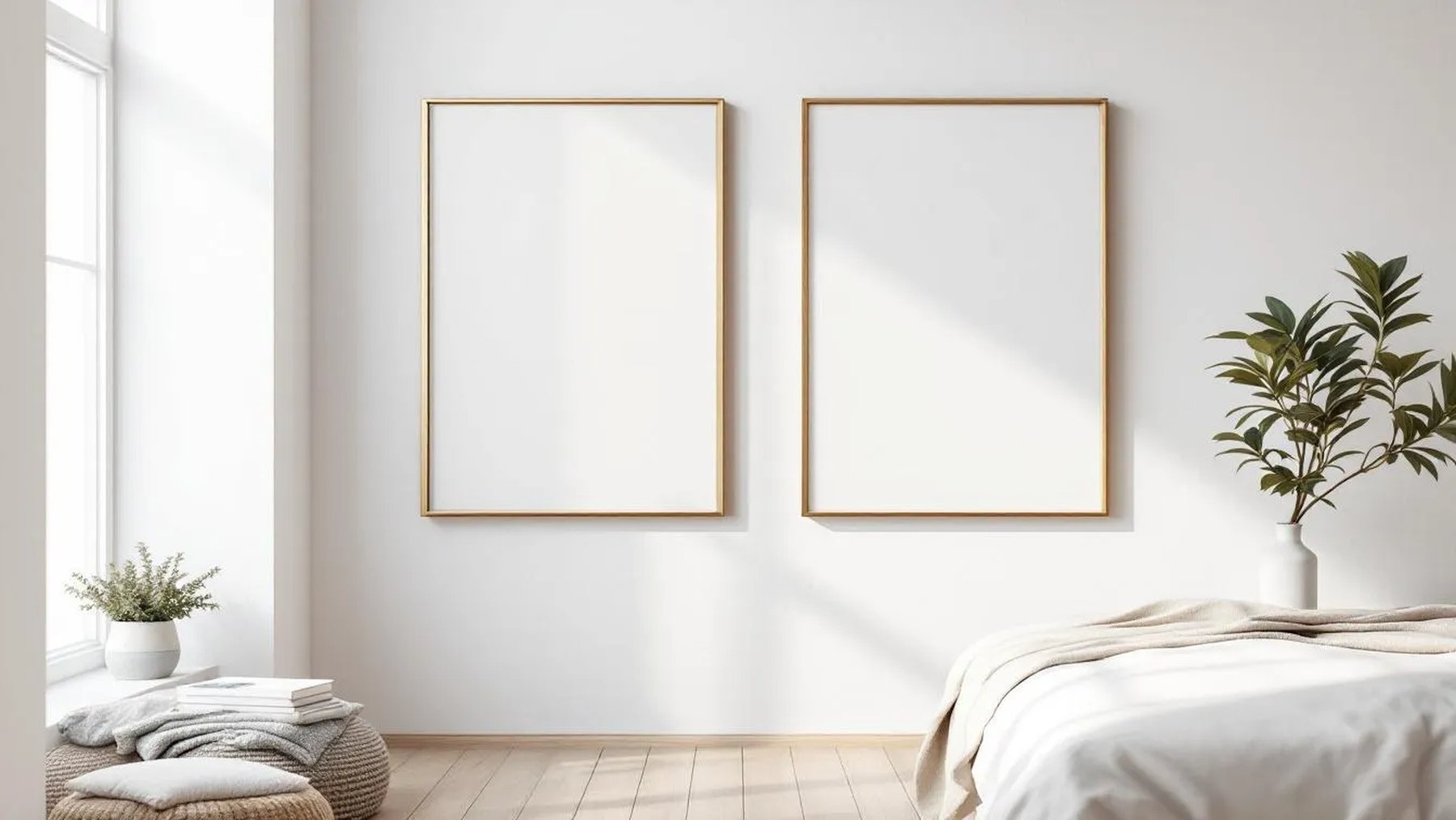 White Bedroom High-Res Frame Mockup — Gold Frame Square 1:1 — Perspective View — #03623 | MockupBulk