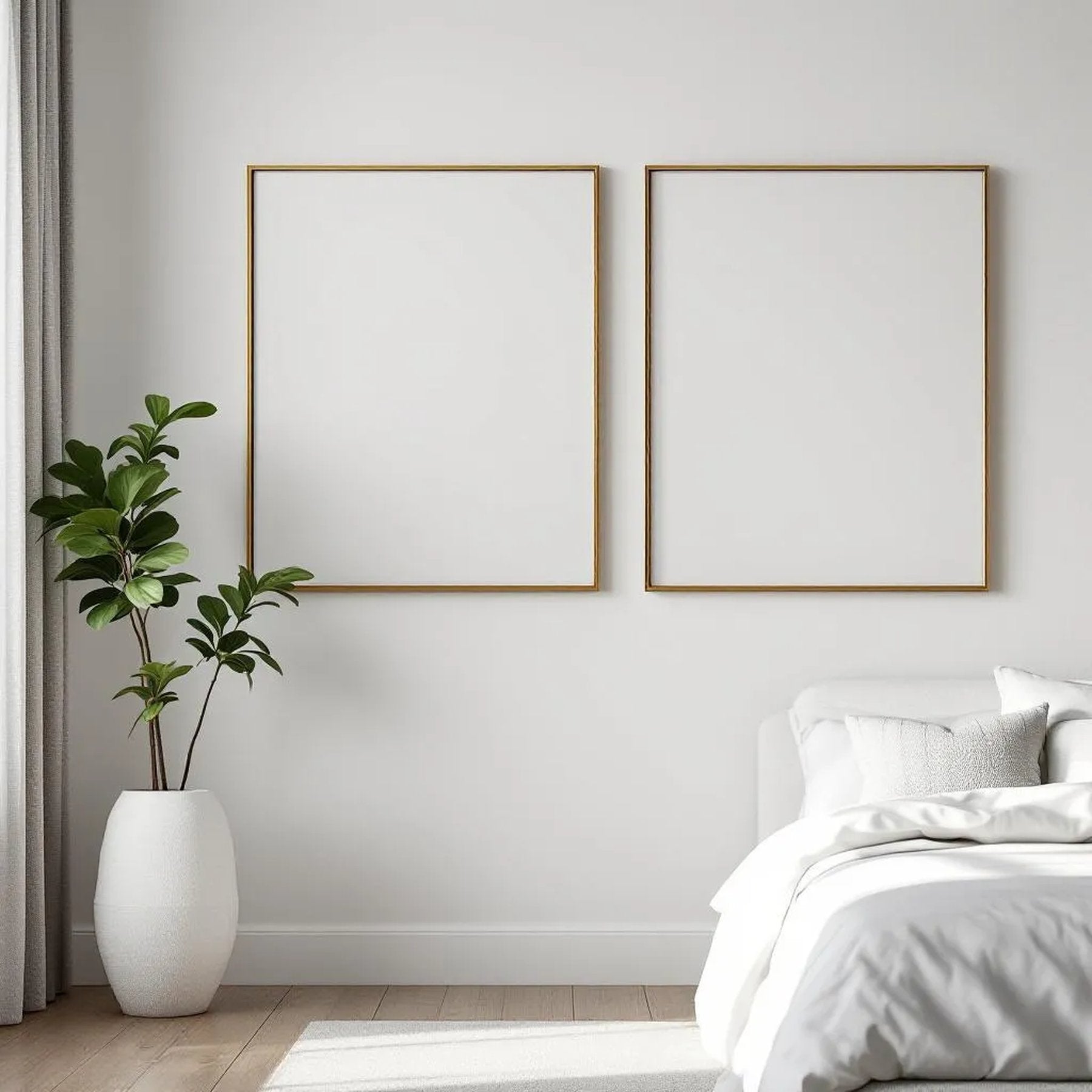 White Bedroom Editorial Room Mockup — Plain Square Frame Portrait 2:3 — Perspective View — #03631 | MockupBulk
