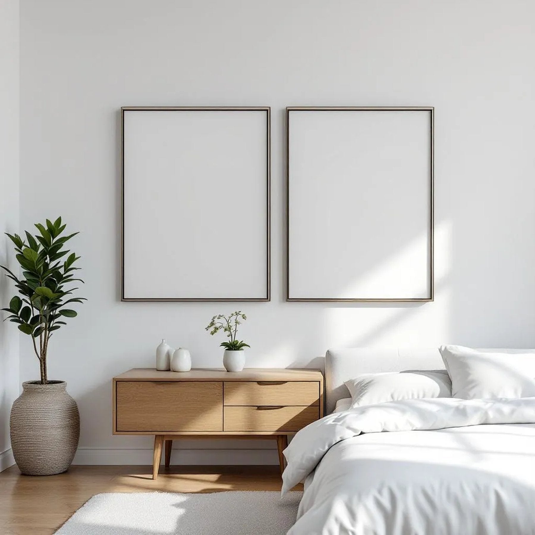 White Bedroom Lifestyle Frame Mockup — Plain Square Frame Portrait 2:3 — Perspective View — #03634 | MockupBulk