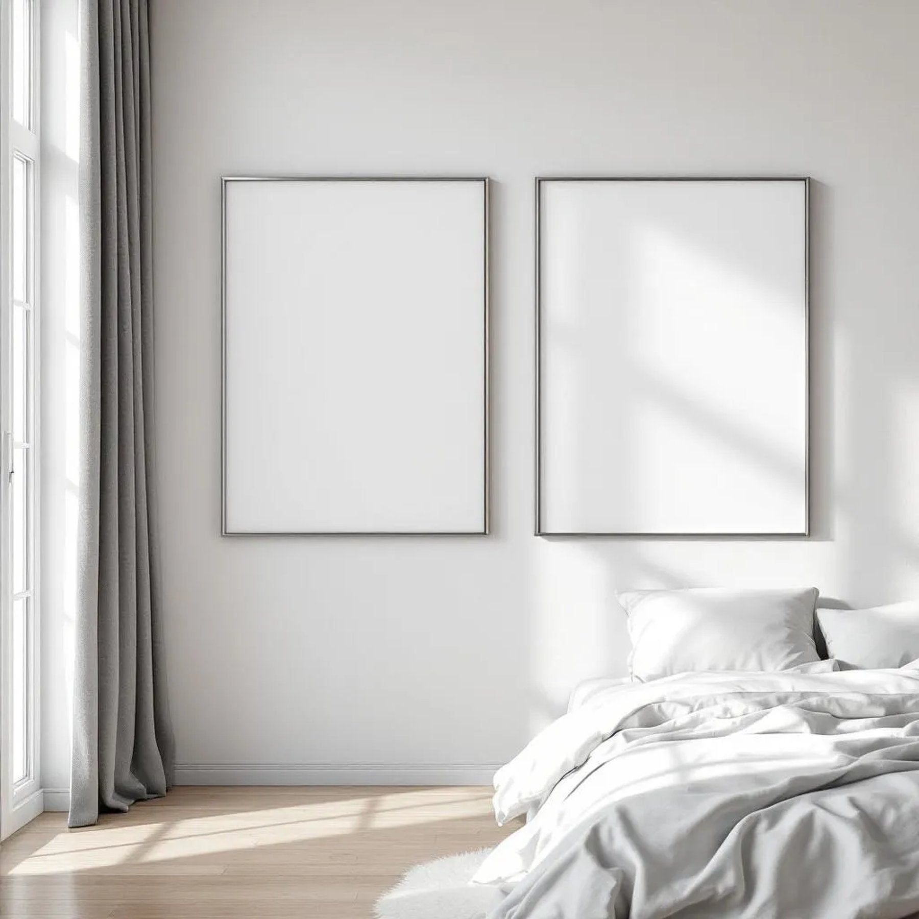 White Bedroom Editorial Room Mockup — Plain Square Frame Portrait 2:3 — Perspective View — #03637 | MockupBulk