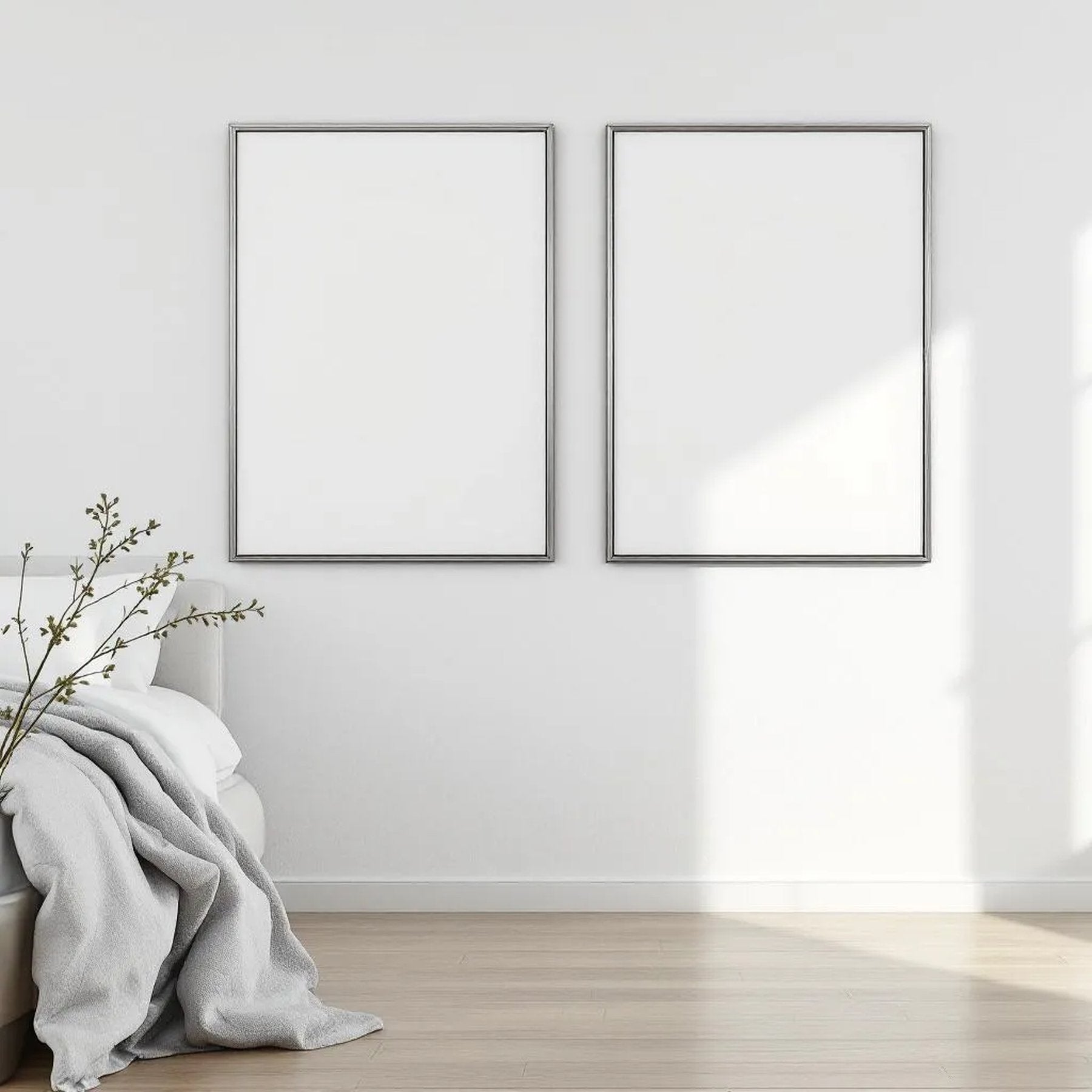 White Bedroom Interior Frame Mockup — Plain Square Frame Portrait 2:3 — Perspective View — #03646 | MockupBulk