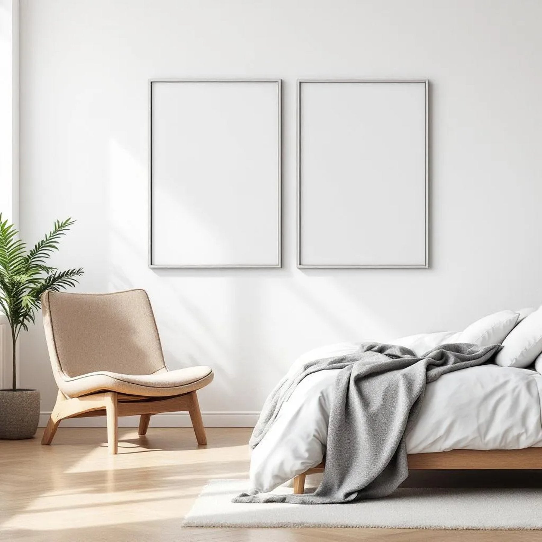 White Bedroom Interior Frame Mockup — Plain Square Frame Square 1:1 — Perspective View — #03649 | MockupBulk
