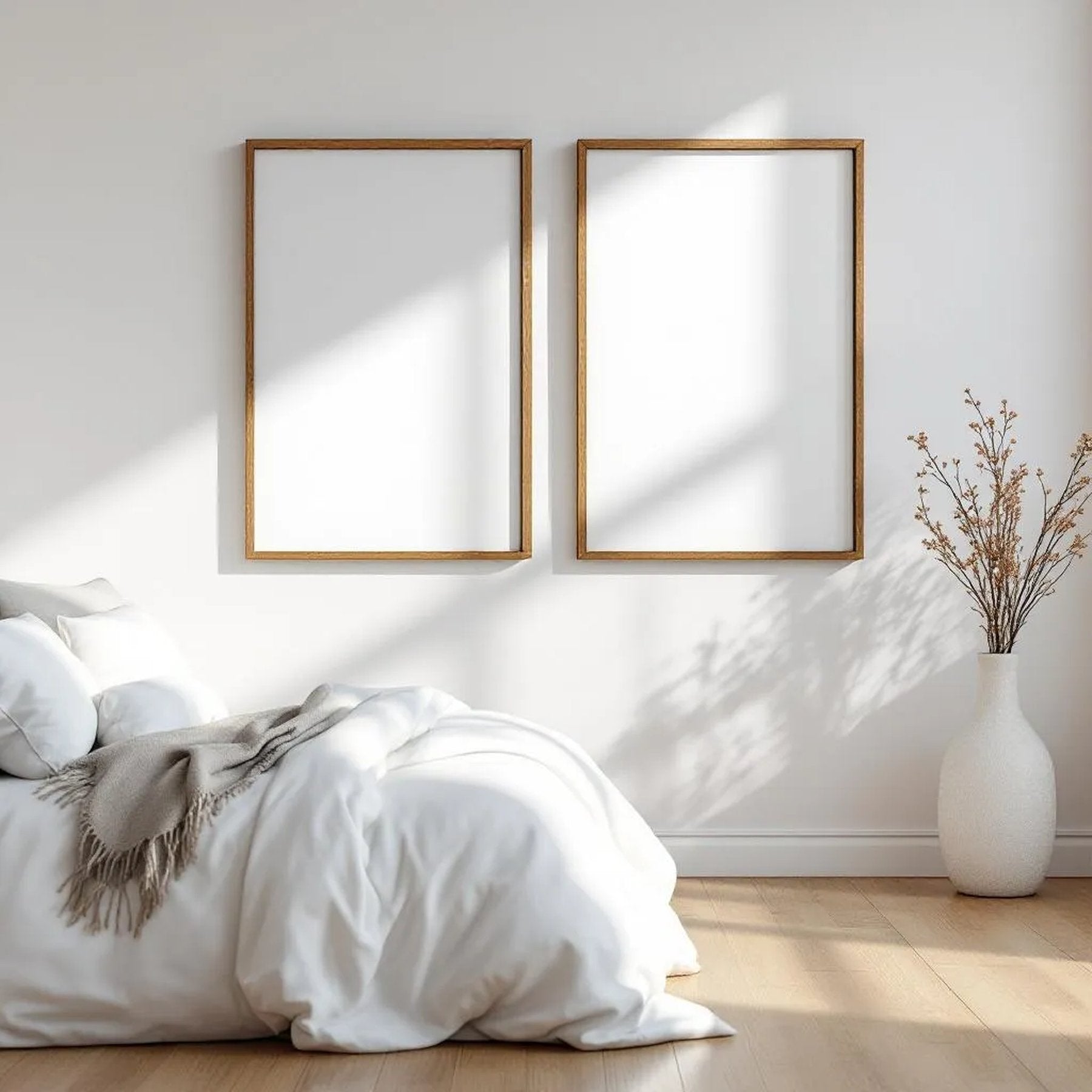 White Bedroom Professional Frame Mockup — Plain Square Frame Square 1:1 — Perspective View — #03655 | MockupBulk