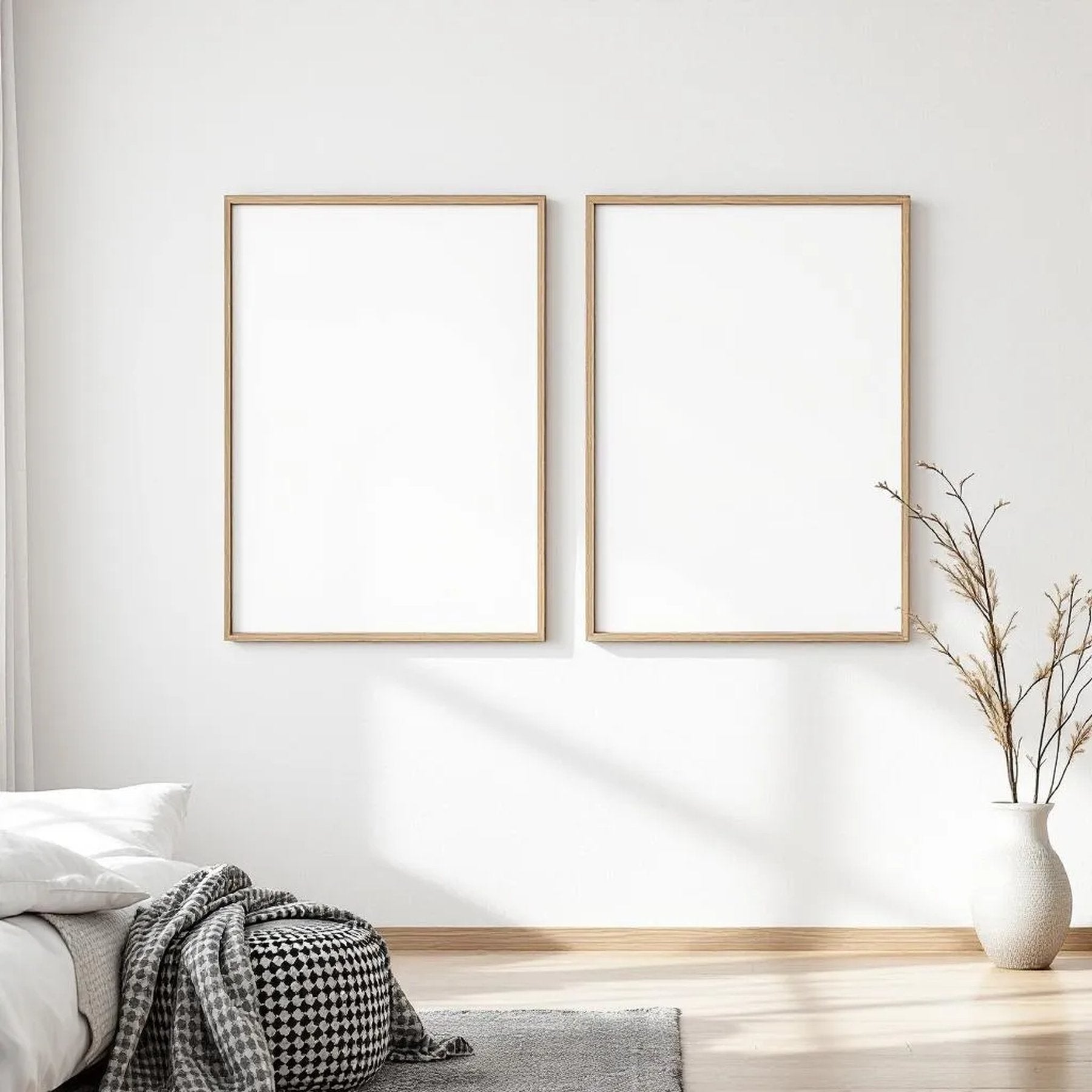 White Bedroom Wall Art Mockup — Plain Square Frame Square 1:1 — Perspective View — #03661 | MockupBulk