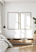 White Bedroom Wall Art Mockup — Raw Pine Frame Landscape 11x14 — Perspective View — #03663 | MockupBulk