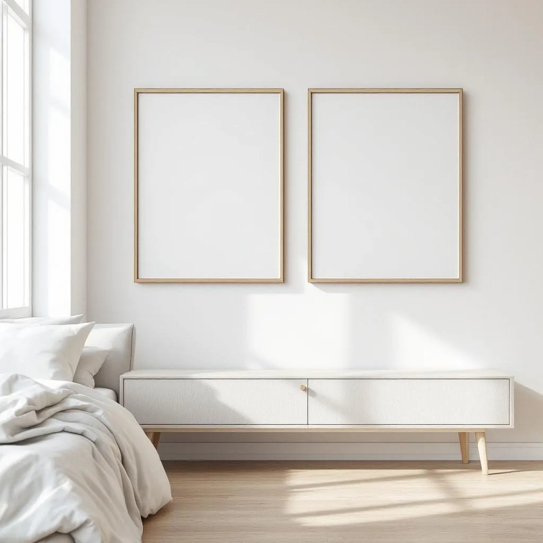 White Bedroom Premium Interior Mockup — Plain Square Frame Square 1:1 — Perspective View — #03664 | MockupBulk