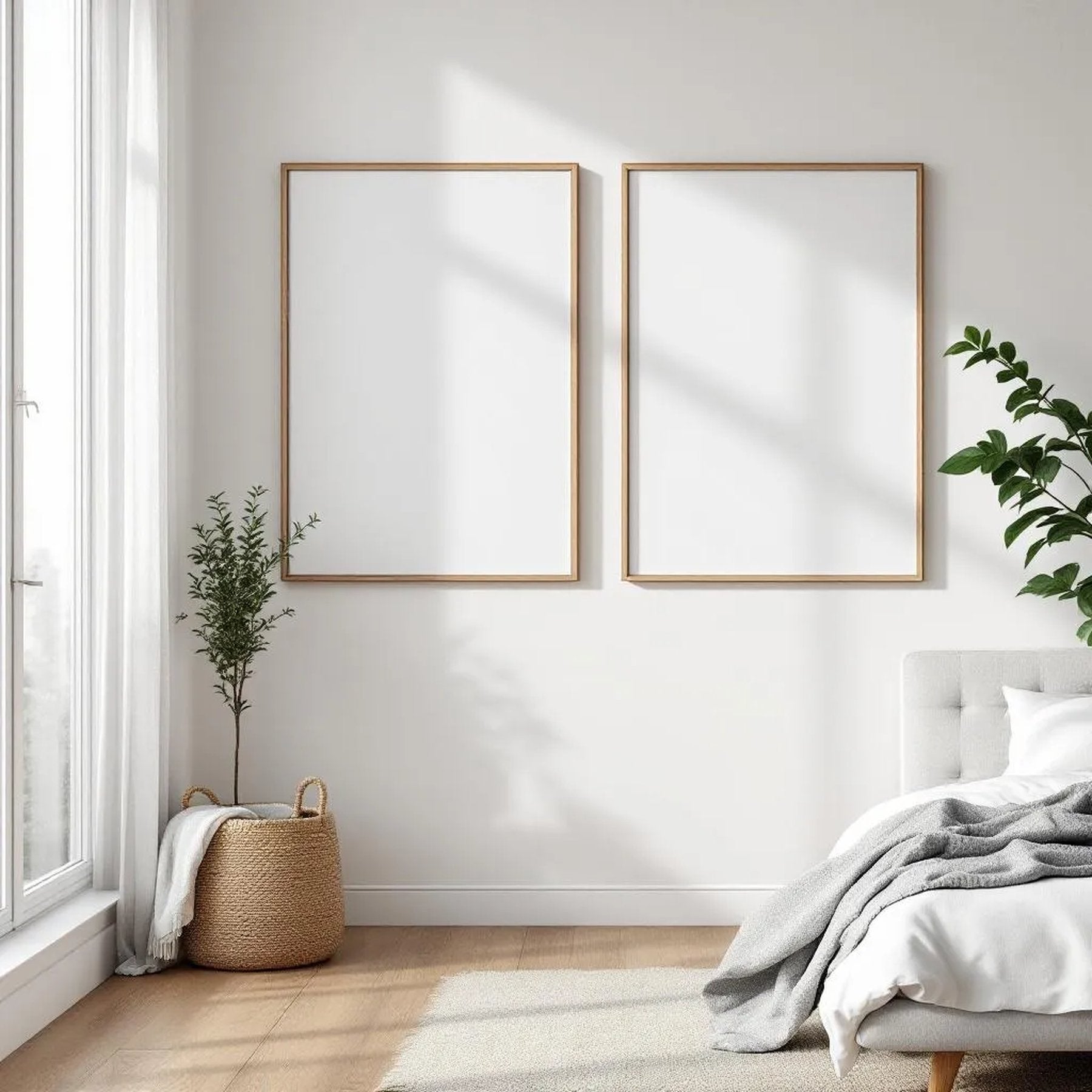 White Bedroom Room Scene Mockup — Plain Square Frame Portrait 2:3 — Perspective View — #03667 | MockupBulk
