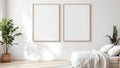 White Bedroom Wall Art Mockup — Raw Pine Frame Square 1:1 — Perspective View — #03668 | MockupBulk