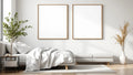 White Bedroom Interior Frame Mockup — Raw Pine Frame Square 1:1 — Perspective View — #03674 | MockupBulk