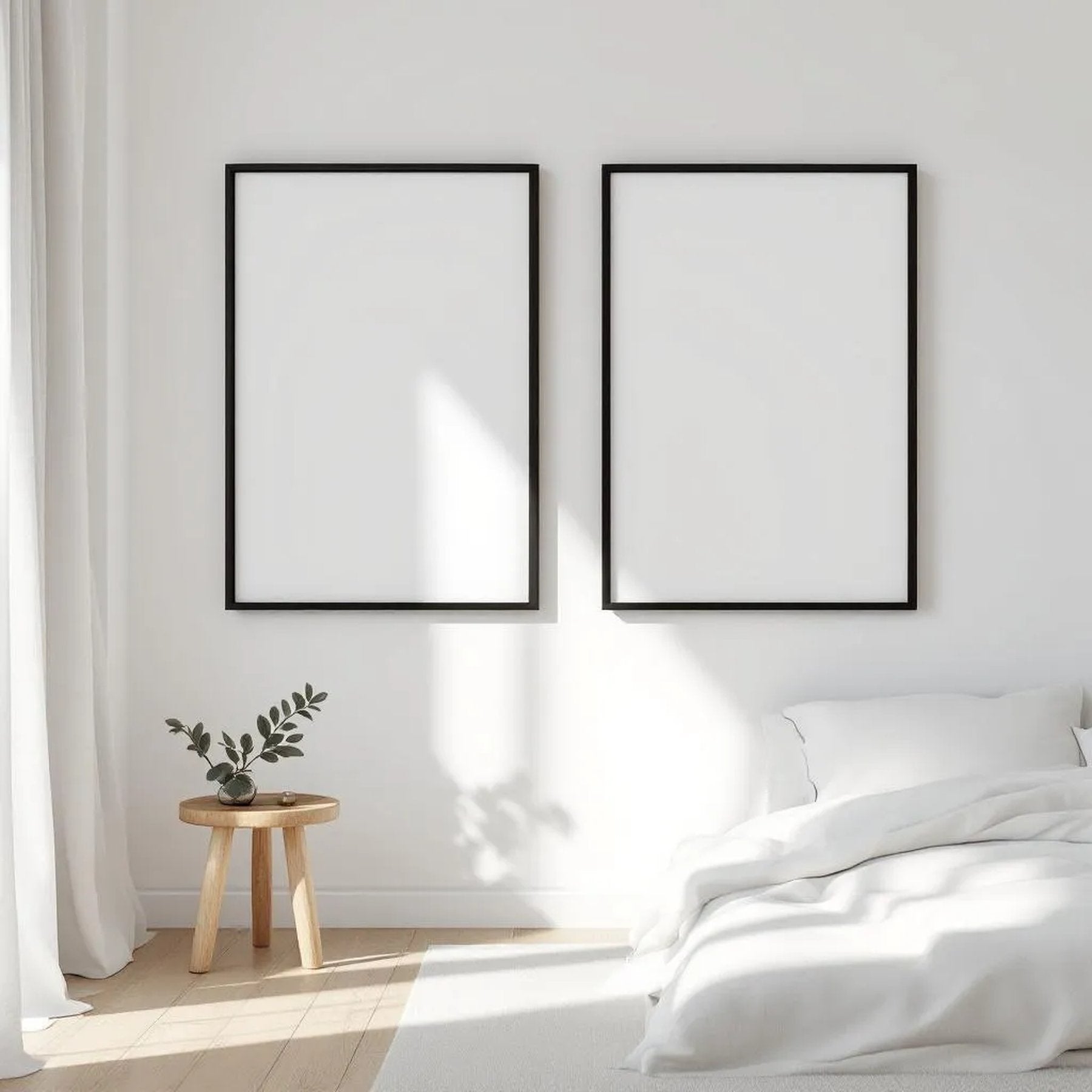 White Bedroom Editorial Room Mockup — Plain Square Frame Square 1:1 — Perspective View — #03679 | MockupBulk