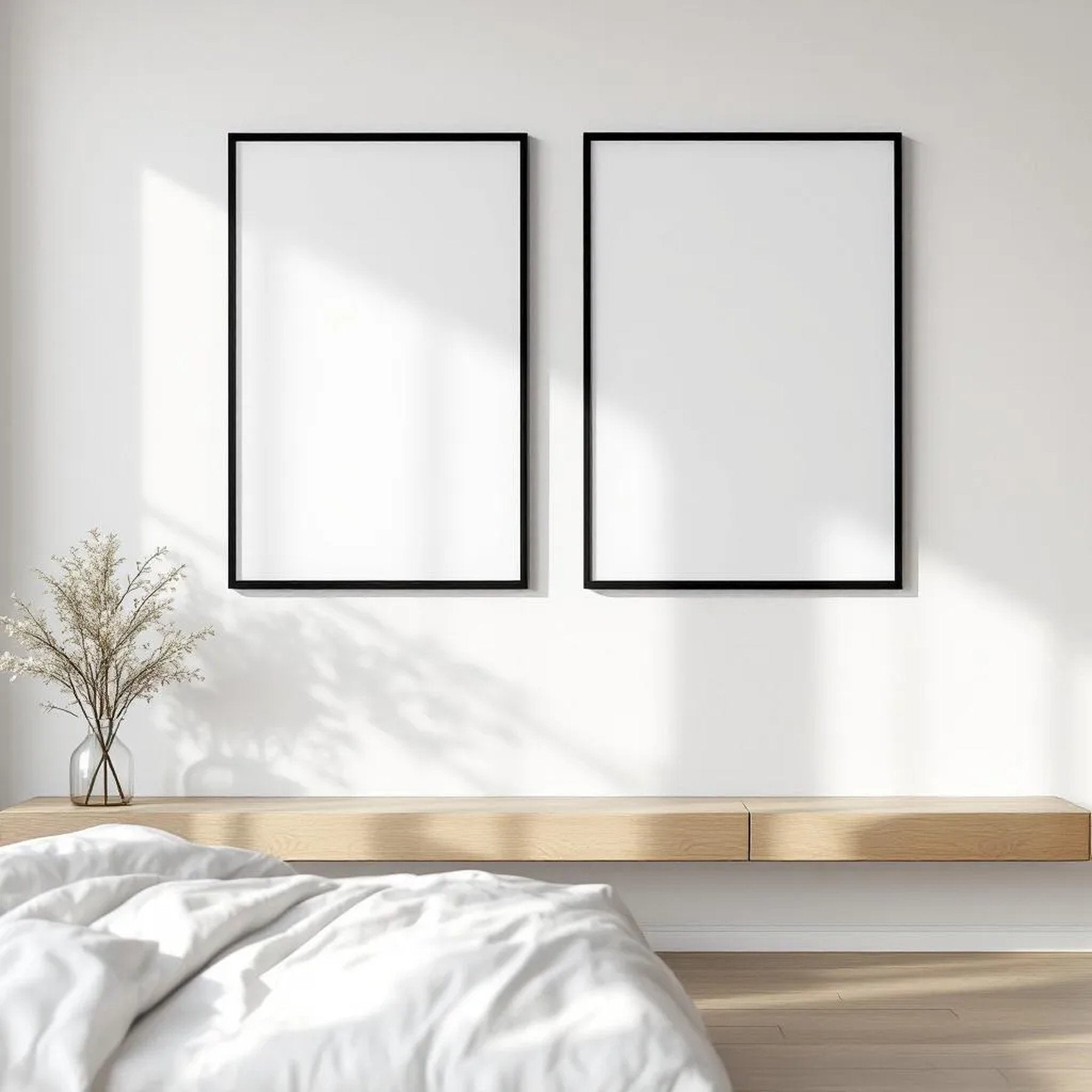 White Bedroom Room Scene Mockup — Plain Square Frame Square 1:1 — Perspective View — #03691 | MockupBulk