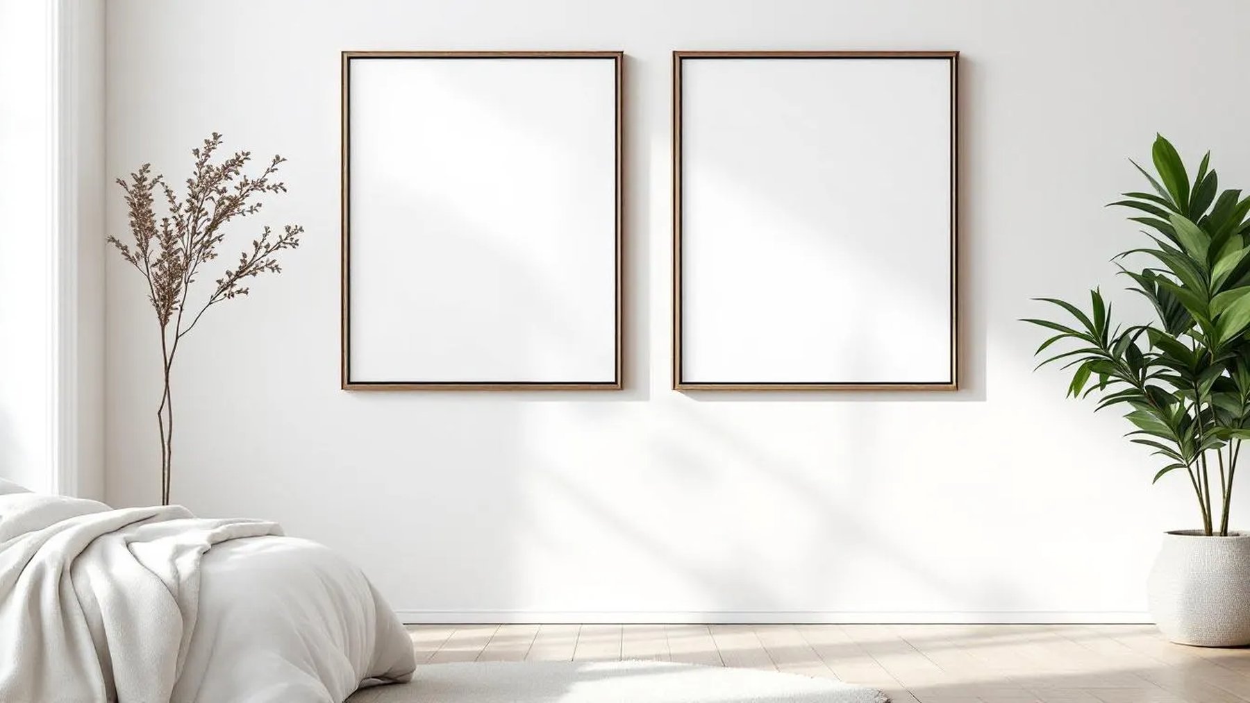 White Bedroom Editorial Room Mockup — Espresso Frame Square 1:1 — Perspective View — #03695 | MockupBulk