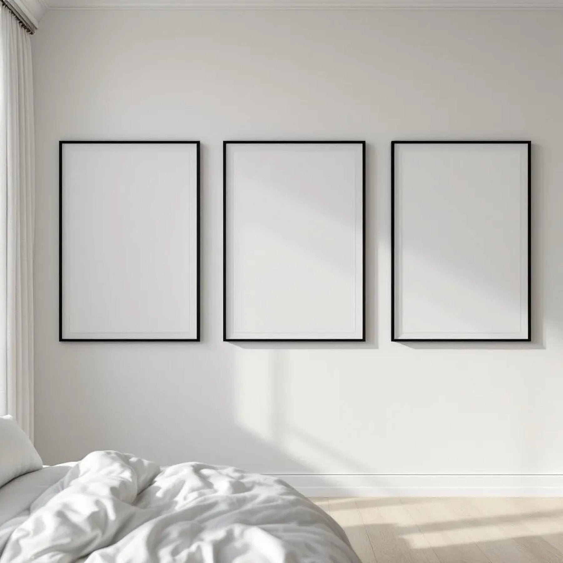 White Bedroom Lifestyle Frame Mockup — Plain Square Frame Square 1:1 — Perspective View — #03697 | MockupBulk