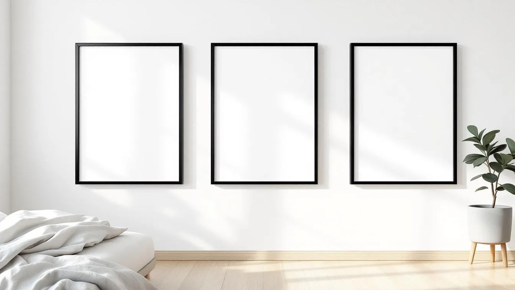 White Bedroom Styled Room Mockup — Matte Black Frame Square 1:1 — Perspective View — #03698 | MockupBulk