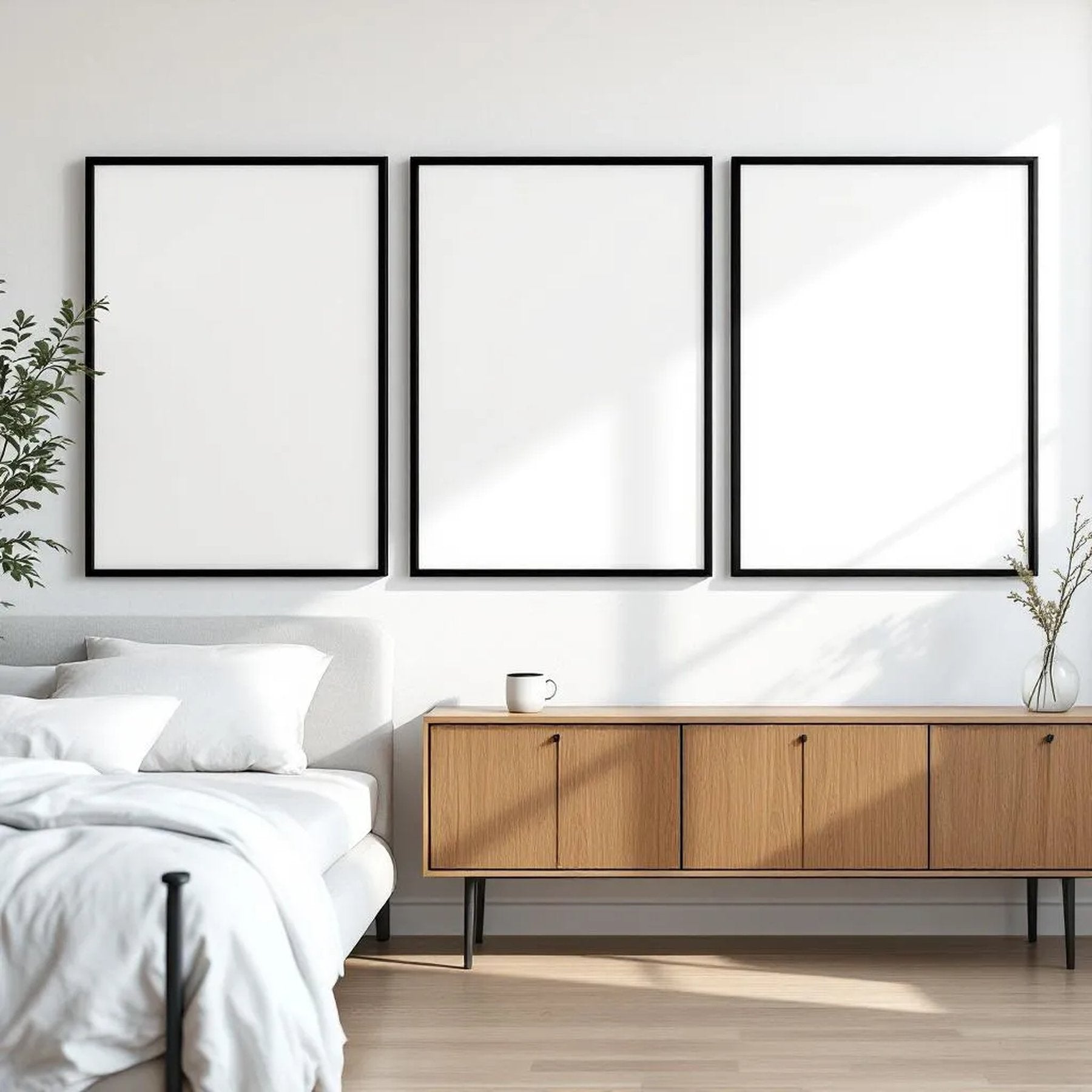 White Bedroom Editorial Room Mockup — Plain Square Frame Square 1:1 — Perspective View — #03700 | MockupBulk
