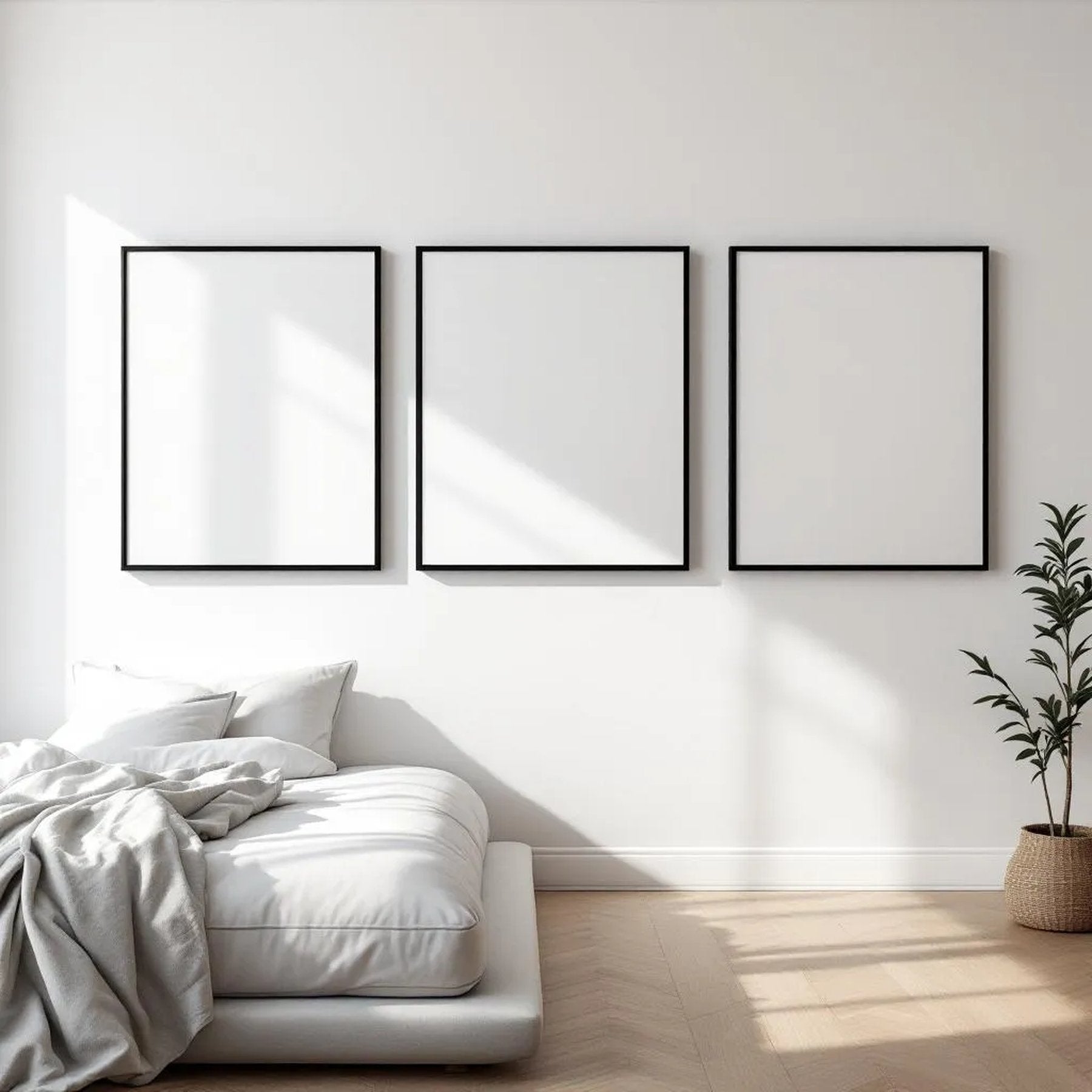 White Bedroom Interior Frame Mockup — Plain Square Frame Square 1:1 — Perspective View — #03715 | MockupBulk