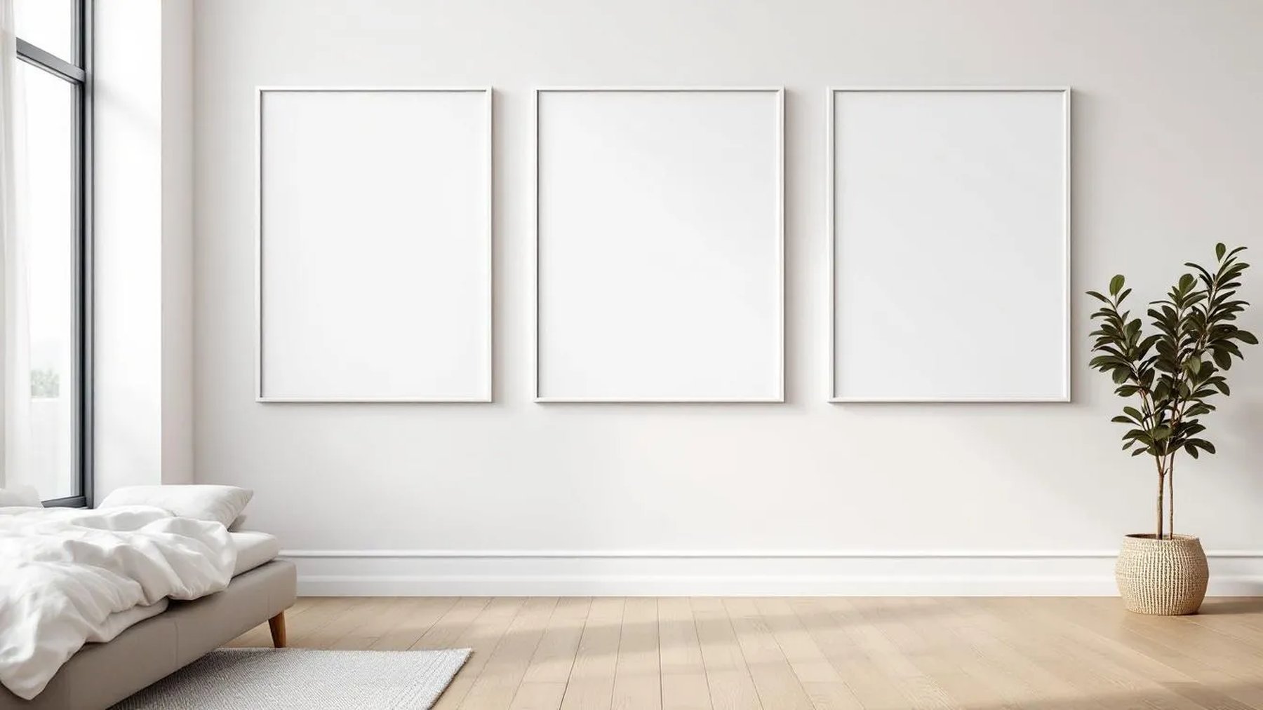 White Bedroom Premium Interior Mockup — White Frame Square 1:1 — Perspective View — #03725 | MockupBulk