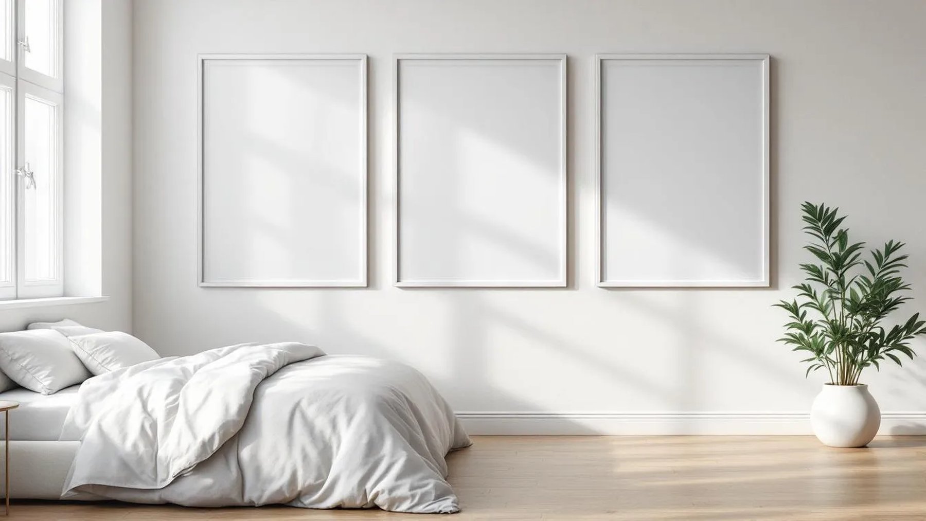 White Bedroom Room Scene Mockup — White Frame Square 1:1 — Perspective View — #03728 | MockupBulk